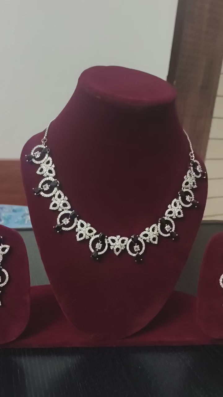 Tiyana Jewels Silver-Plated Black American Diamond-Studded  Jewellery Set