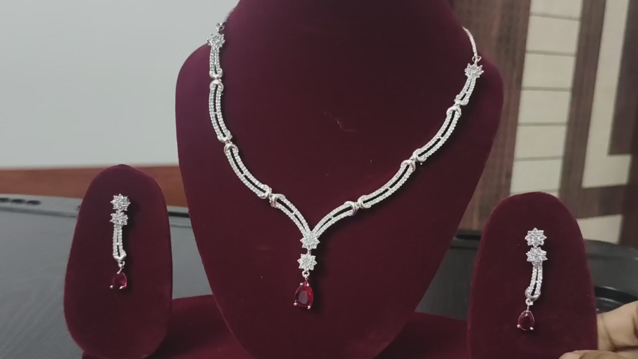 Tiyana Jewels Silver Plated Red American Diamond-Studded  Jewellery Set