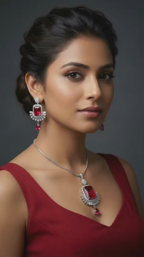 Tiyana Jewels Silver Tone Red Stone AD Jewellery Set for Women