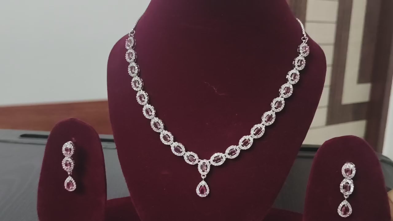 Womens Silver-Plated Pink American Diamond-Studded  Jewellery Set