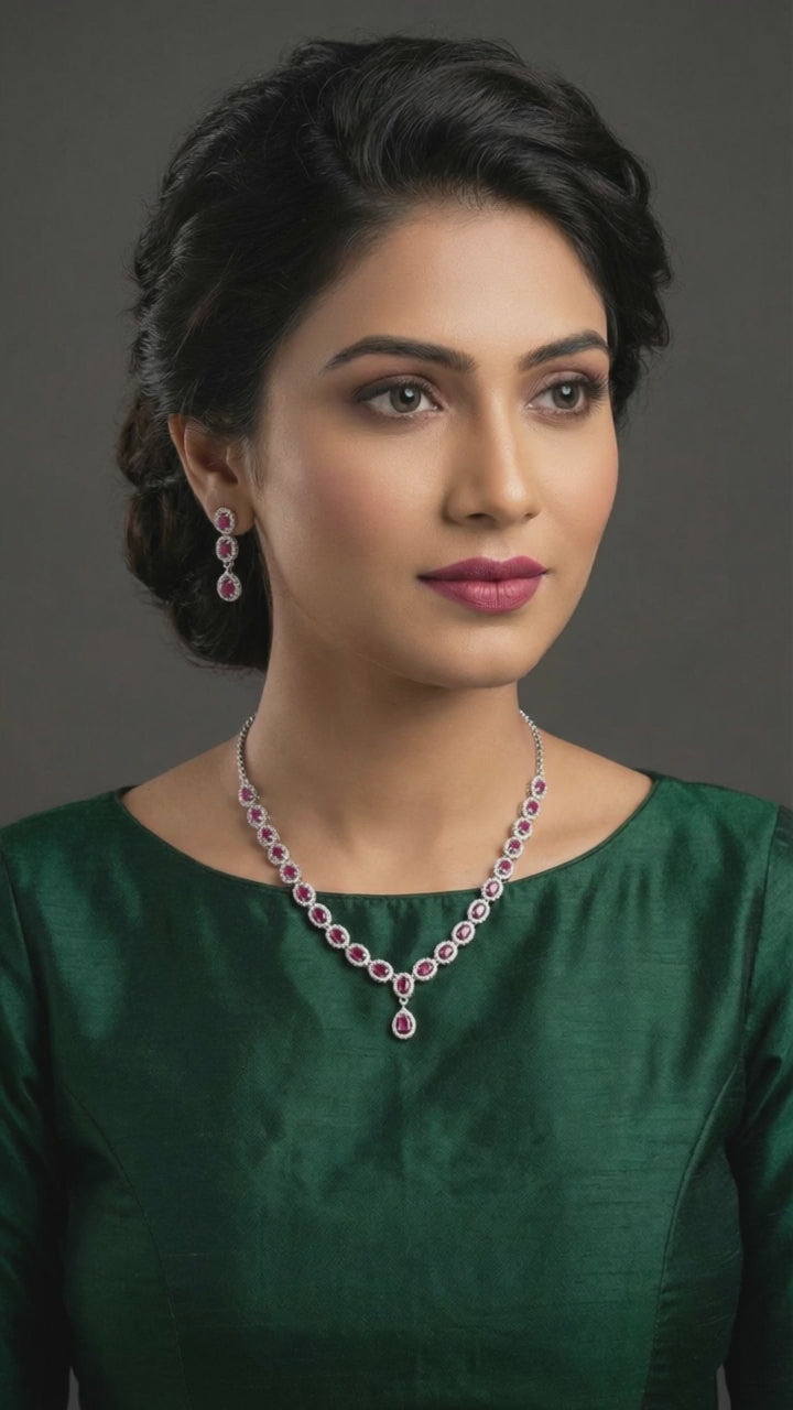 Womens Silver-Plated Pink American Diamond-Studded  Jewellery Set