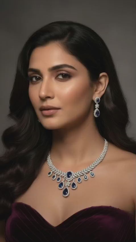 Tiyana Jewels Silver-Plated Navy blue Stone Studded American diamond Jewellery Set