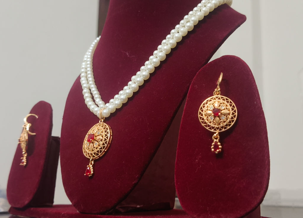 Gold Plated Two-String Imitation Pearl Pendant Jewellery Set