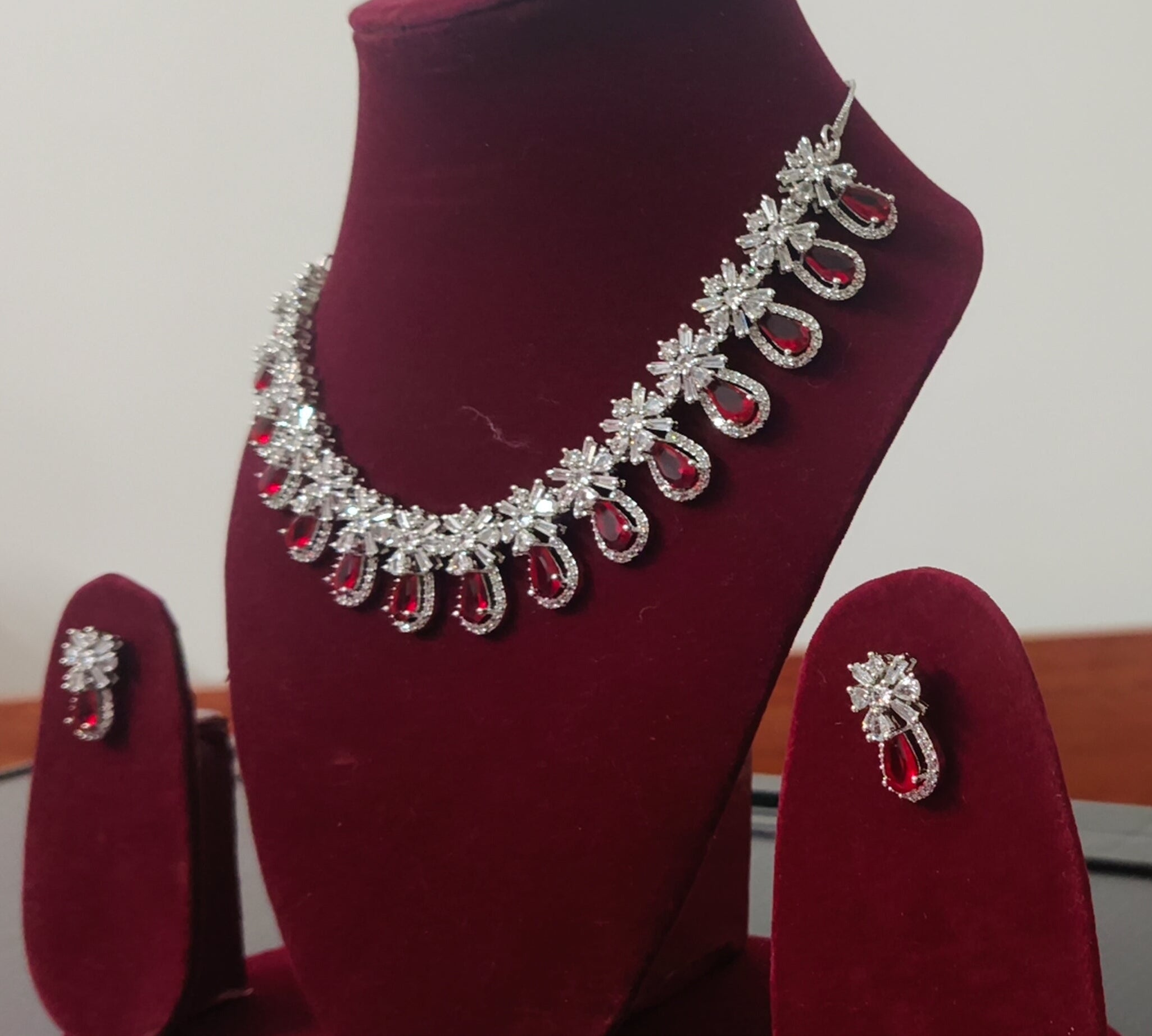 Tiyana Jewels Silver-Plated RED American Diamond-Studded Jewellery Set