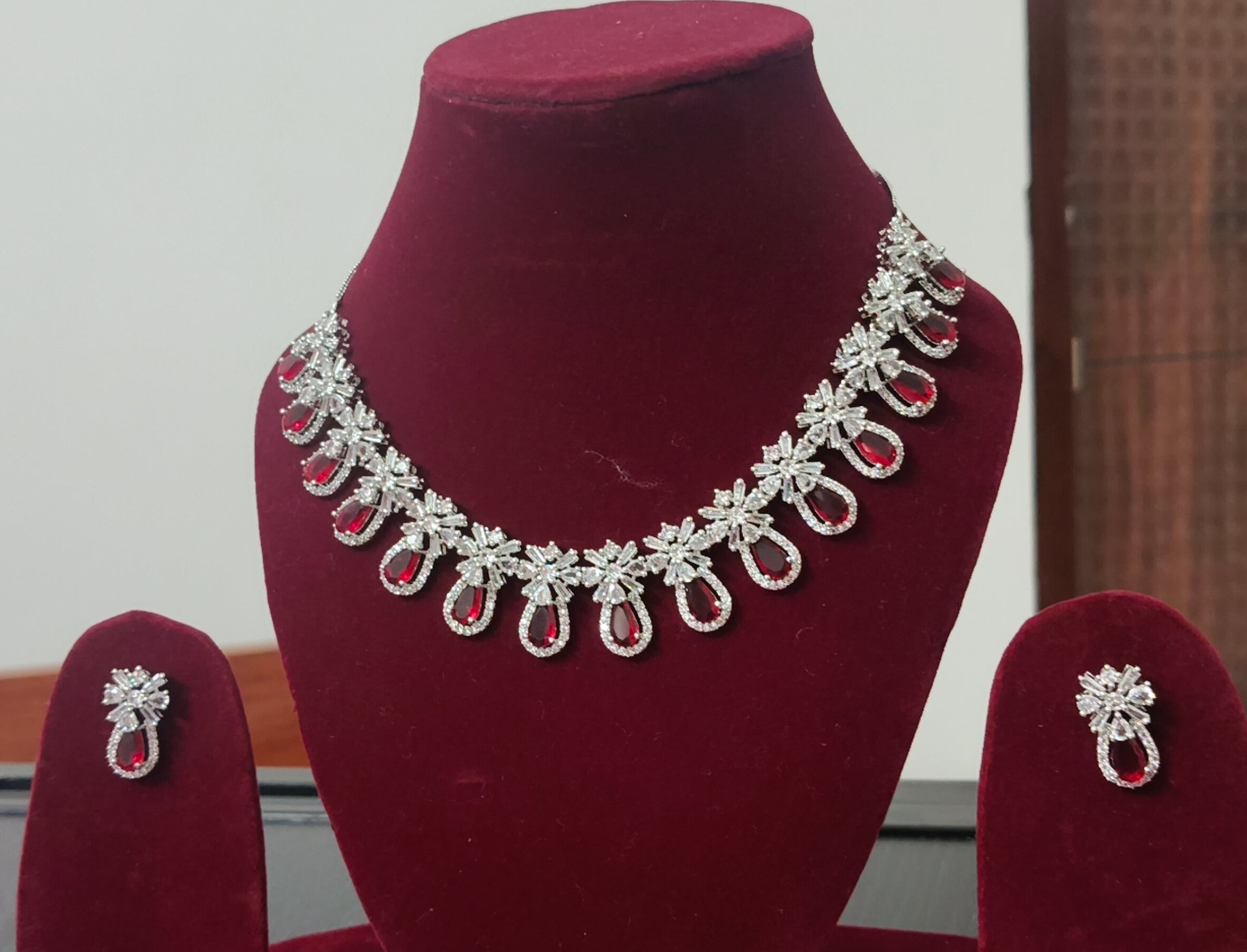Tiyana Jewels Silver-Plated RED American Diamond-Studded Jewellery Set