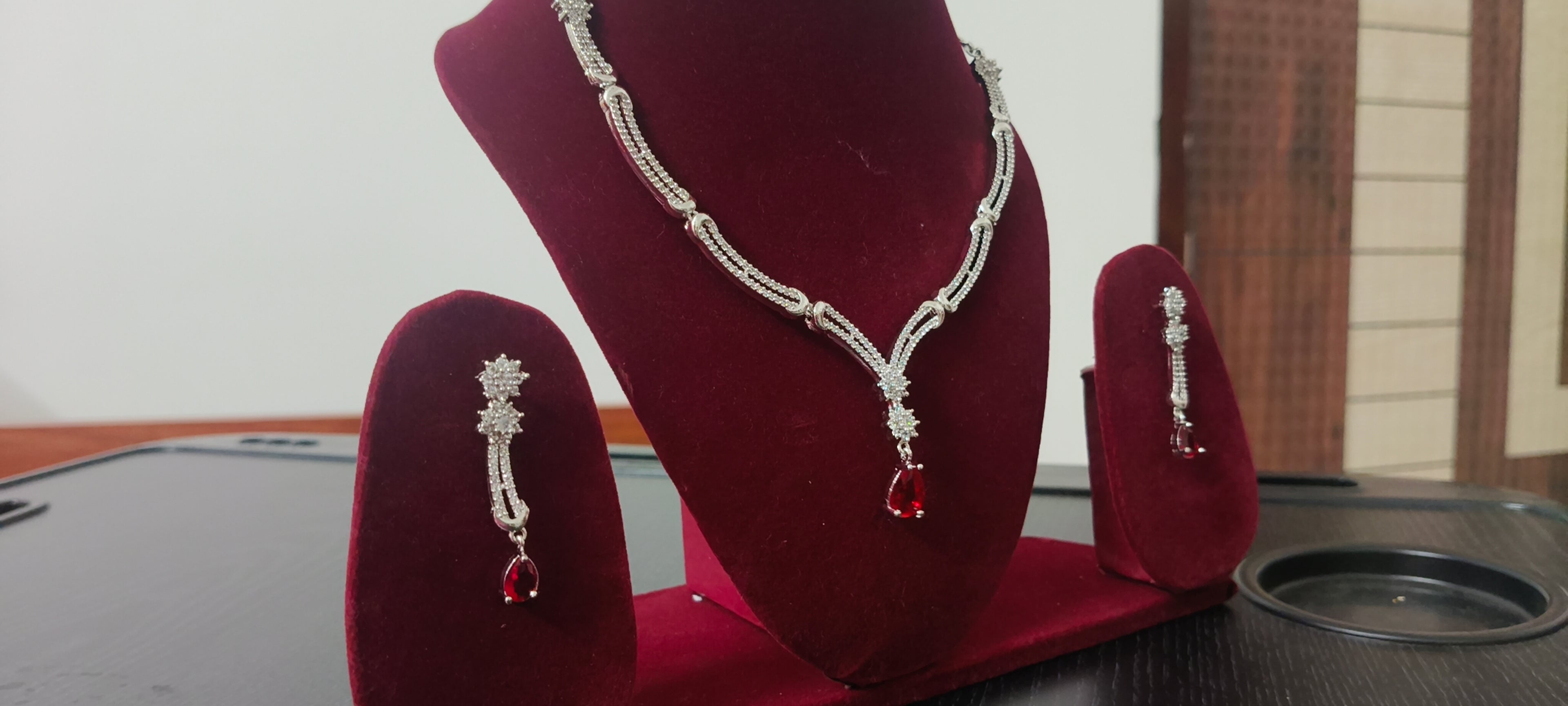 Tiyana Jewels Silver Plated Red American Diamond-Studded  Jewellery Set