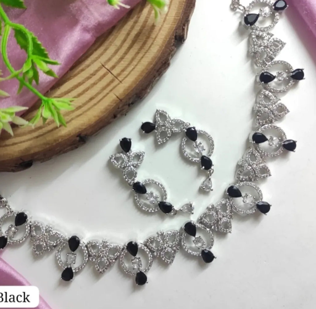 Tiyana Jewels Silver-Plated Black American Diamond-Studded  Jewellery Set