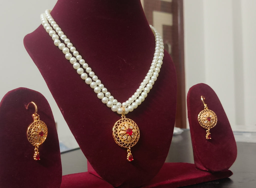 Gold Plated Two-String Imitation Pearl Pendant Jewellery Set