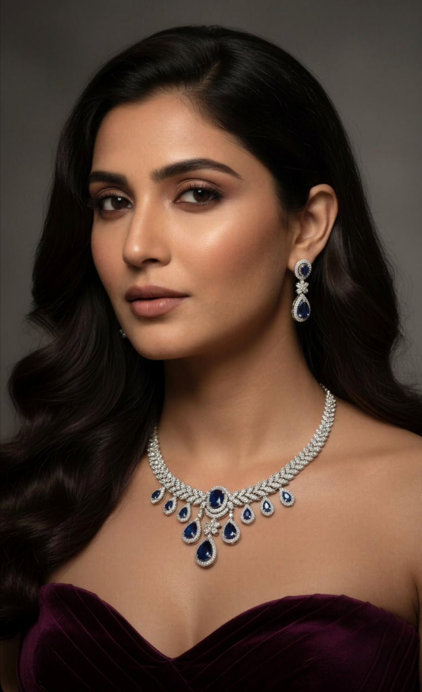 Tiyana Jewels Silver-Plated Navy blue Stone Studded American diamond Jewellery Set