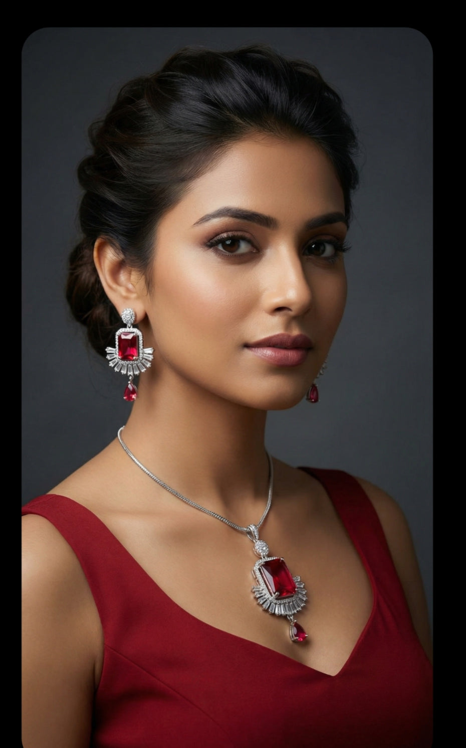 Tiyana Jewels Silver Tone Red Stone AD Jewellery Set for Women