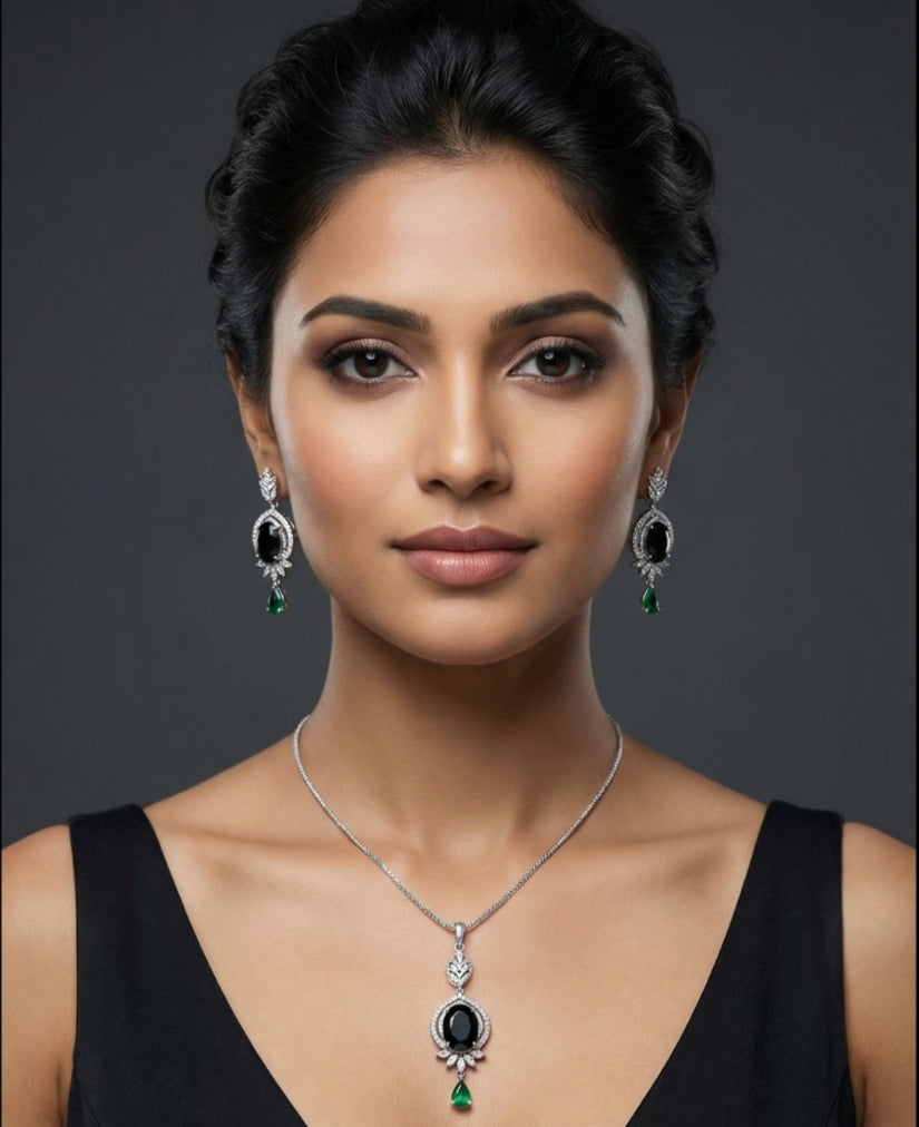 Tiyana Jewels Green Stone Studded American Diamond Jewellery Set