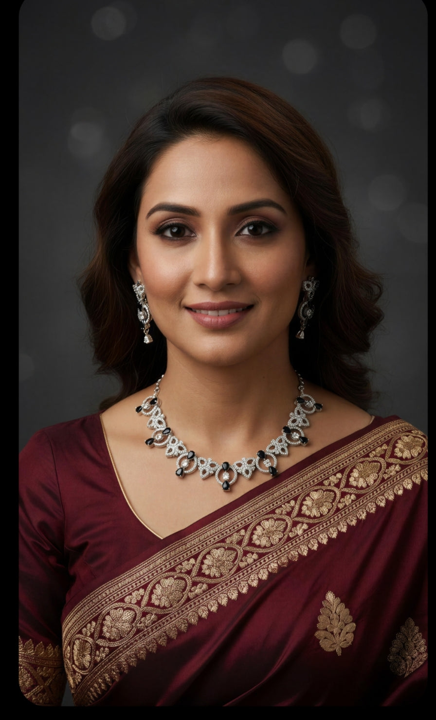 Tiyana Jewels Silver-Plated Black American Diamond-Studded  Jewellery Set