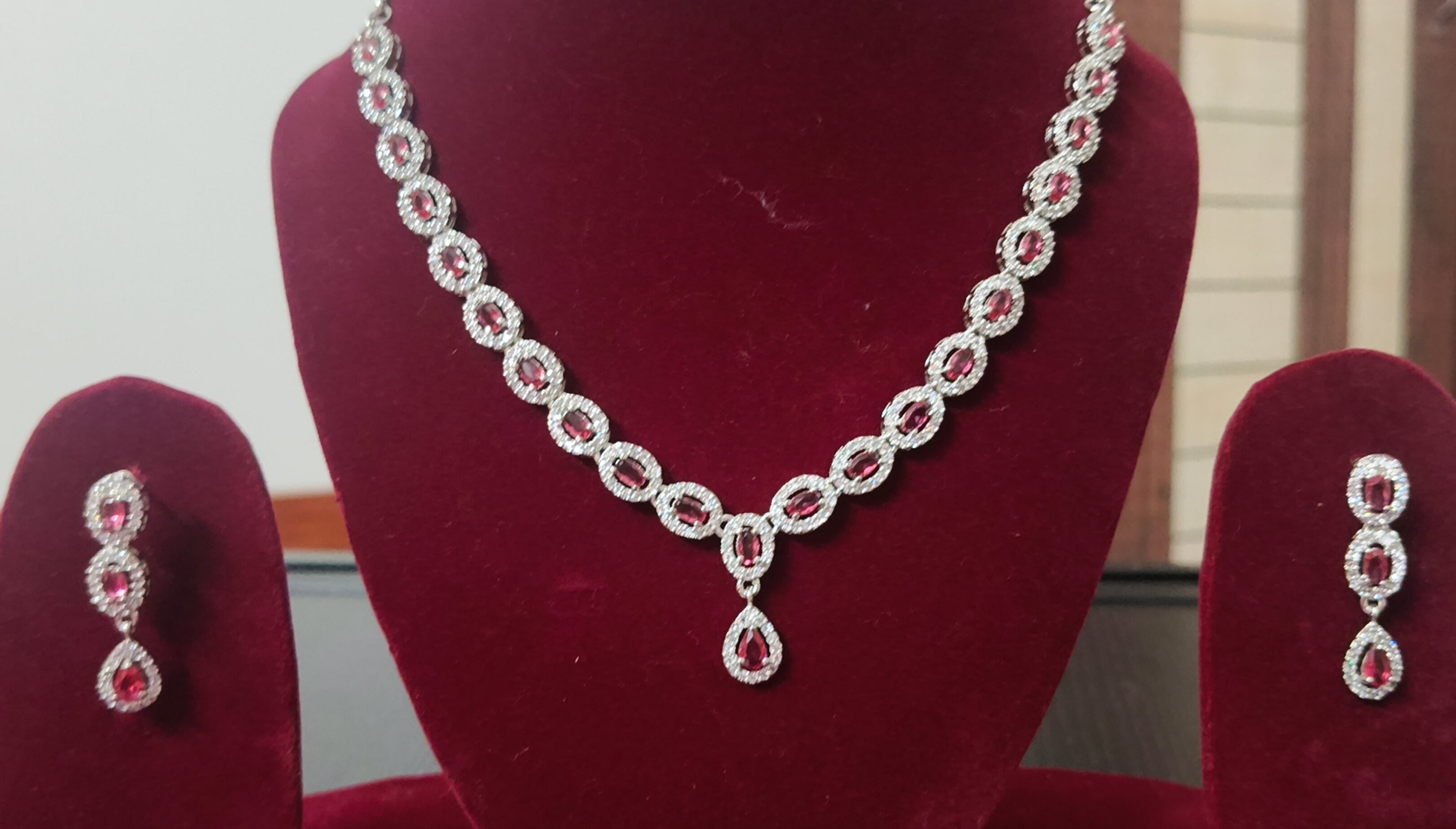 Womens Silver-Plated Pink American Diamond-Studded  Jewellery Set