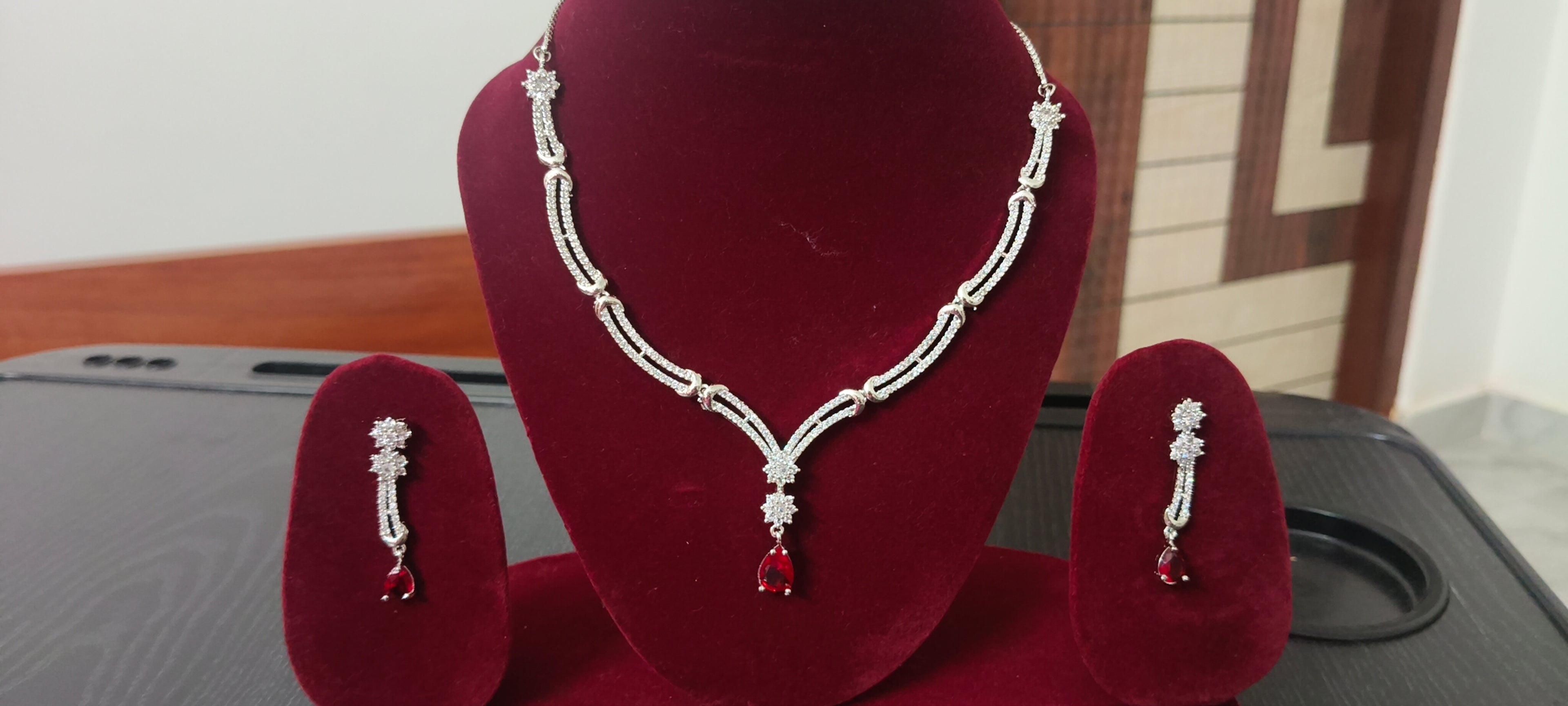 Tiyana Jewels Silver Plated Red American Diamond-Studded  Jewellery Set